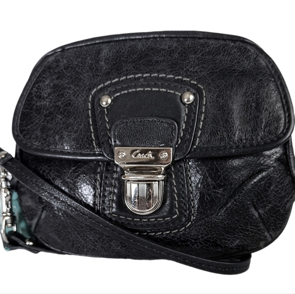 🖤 Coach Poppy Black Polished Leather Mini Bag Legacy Push Lock Wristlet Pouch - Picture 4 of 12